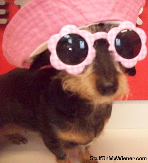 Zoe in large pink glasses and hat.