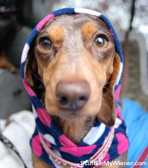 Gretel keeps warm in her heart hoodie.